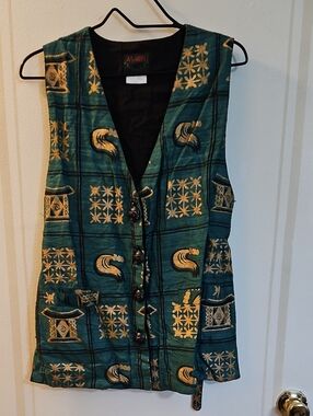 Ashro Tribal Emerald Green, Black & Gold Patterned Vest, Size Small